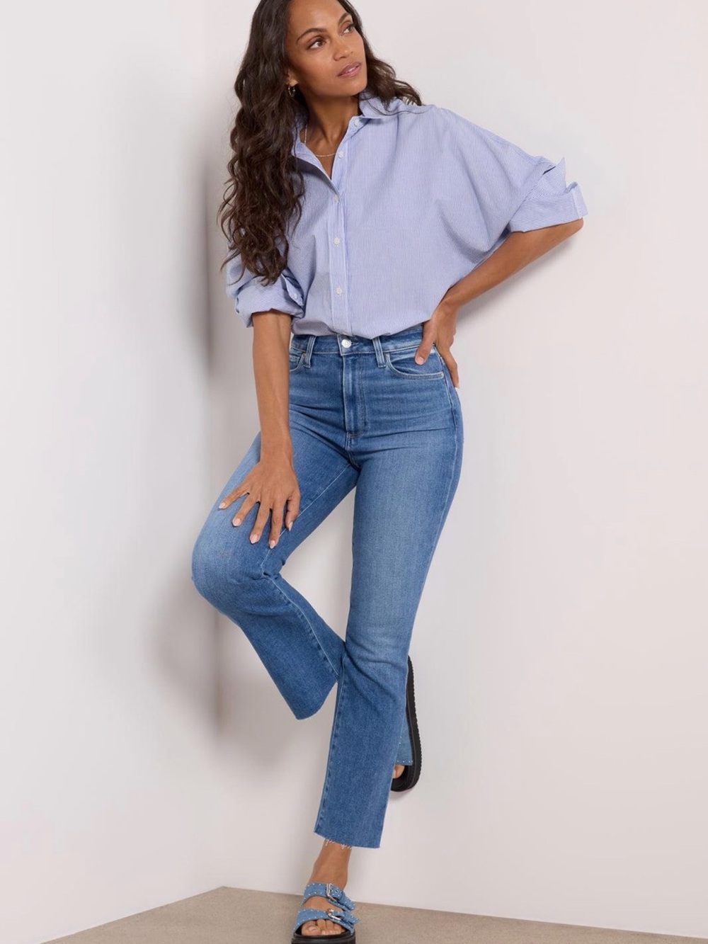 PAIGE Claudine High Rise Ankle Flare Jeans Raw Hem Blue Denim Size 27 NWT
